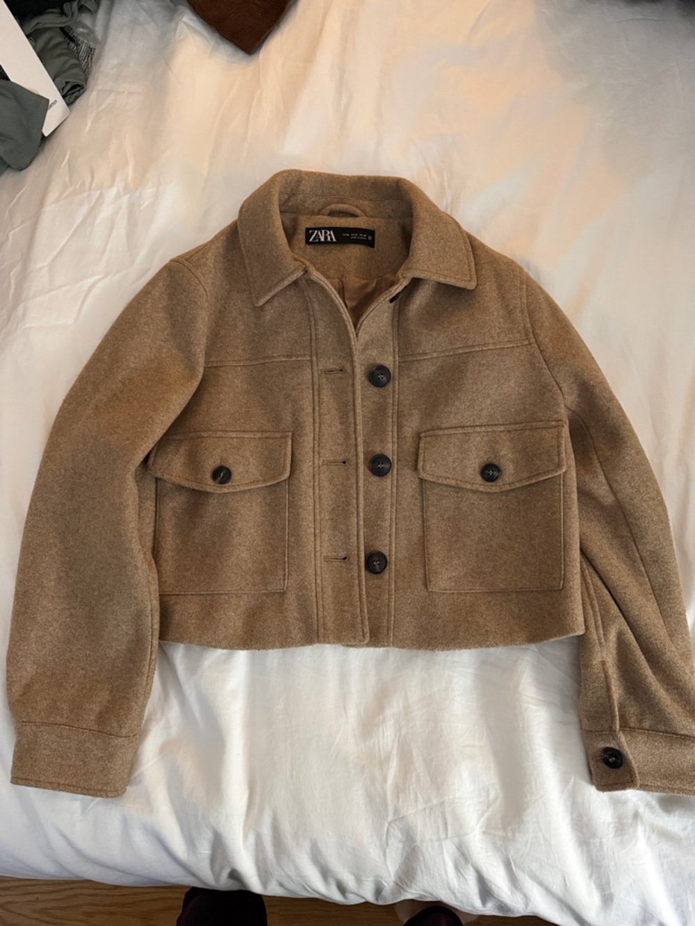 ZARA Cropped Teddy Jacket in Camel Brown